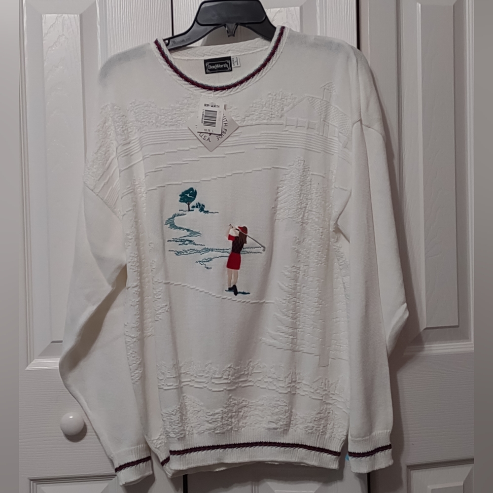 Vintage BonWorth 100% Cotton Womens  Pullover Sweater Lady Golfer Sz Lg Cream